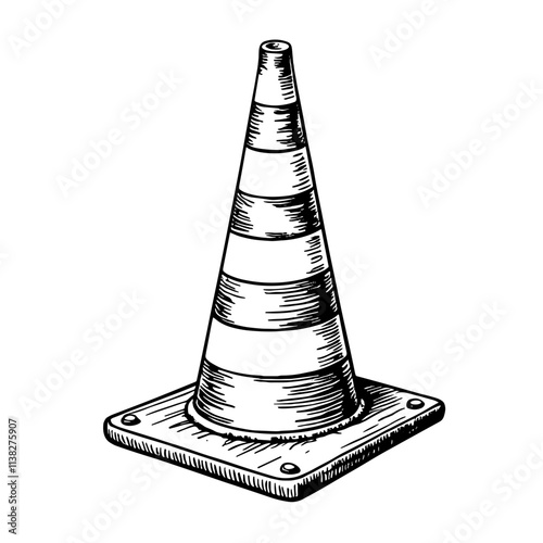 Vintage traffic cone illustration, black and white sketch art