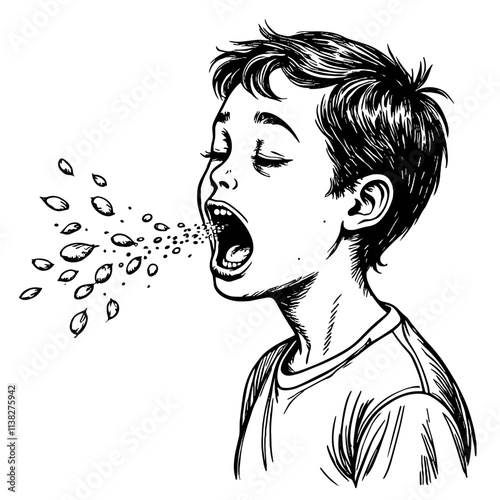 Child sneezing due to pollen allergy, vintage black and white sketch