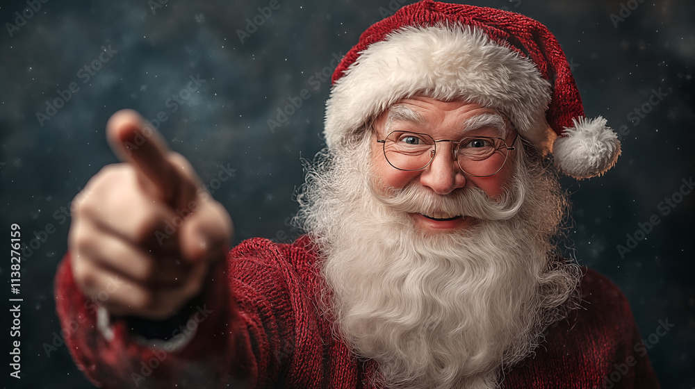 Portrait of Santa Claus pointing at the camera on a dark background Portrait of Santa Claus pointing at the camera on a dark background