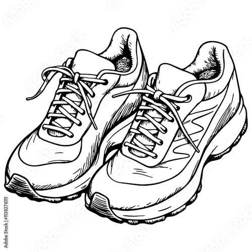 Vintage running shoes sketched in black and white, spring marathon concept