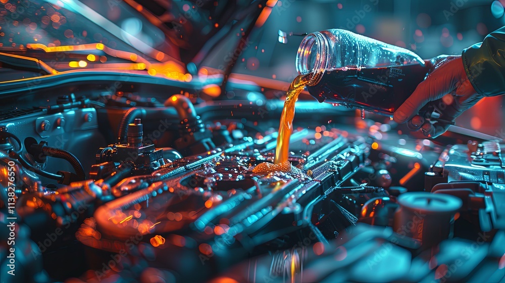 Automotive Engine Oil Change:  Golden Fluid Pouring into Car Engine