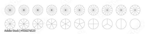 Set of pie, pizza charts. Segmented charts. Many number of sectors divide the circle on equal parts. Segments infographic. Diagram wheel parts.