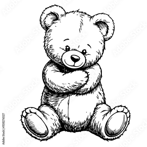 Teddy bear sitting with arms crossed, vintage charm