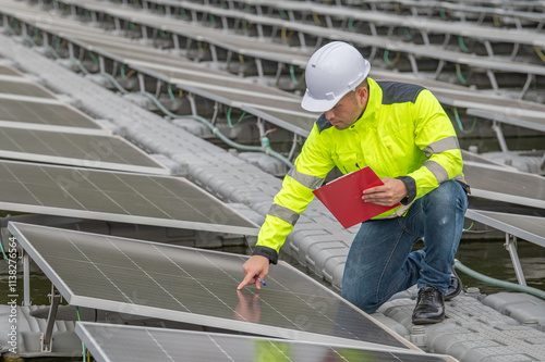 Wallpaper Mural Engineer working at floating solar farm,checking and maintenance with solar batteries near solar panels,supervisor Check the system at the solar power station Torontodigital.ca