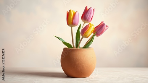 Wallpaper Mural A bouquet of tulips with delicate pink and yellow petals arranged in a rustic terracotta vase, showcasing the beauty of simple floral arrangements. Torontodigital.ca