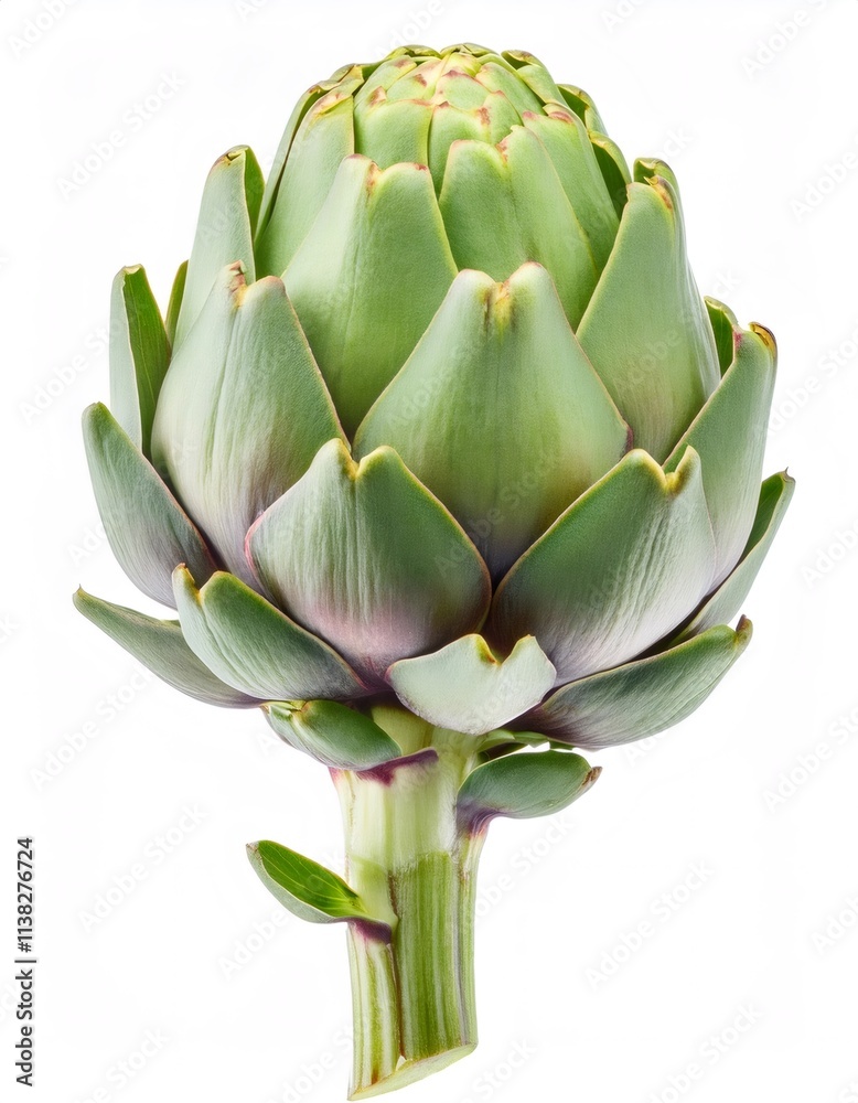 Stunning artichoke with layered leaves, displaying a mix of green and purple shades, set against a pure white background Stunning artichoke with layered leaves, displaying a mix of green and purple shades, set against a pure white background