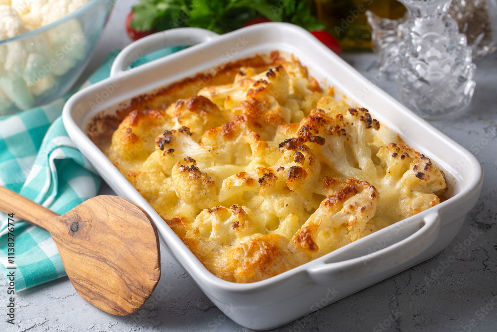 Casserole Cauliflower and broccoli baked with cheese sauce in a pot close-up on a wooden table. Horizontal top view from above. Broccoli gratin.