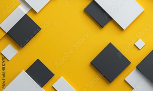 Yellow background with squares and a flat design, 3D rendering illustration. 