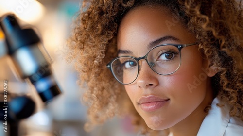A diligent scientist with curly hair and glasses focuses intently on a microscope in the laboratory, representing scientific rigor and unwavering dedication.