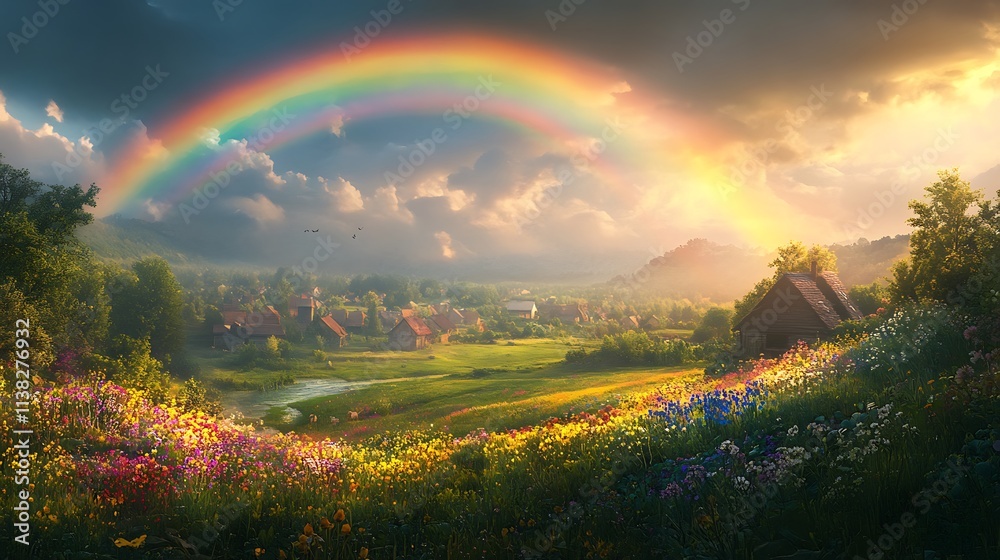 Obraz premium A vivid rainbow arching over a quiet rural village, surrounded by lush green fields and scattered wildflowers, sunlight breaking through dramatic clouds, creating a peaceful and magical mood,