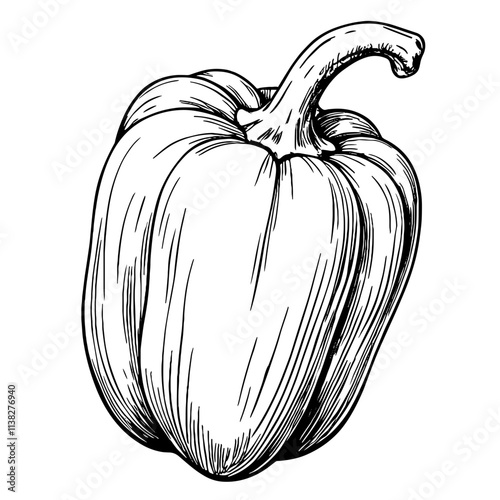 Black and white sketch of a bell pepper, vintage food concept