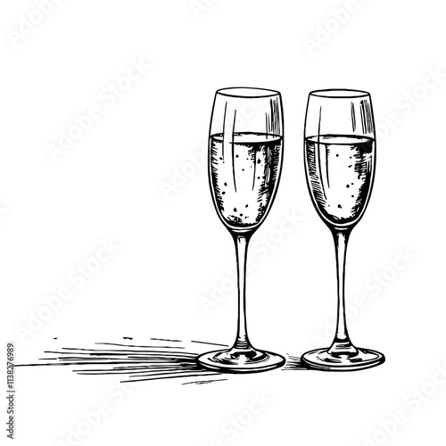 Champagne glasses sketched in black and white, celebration concept