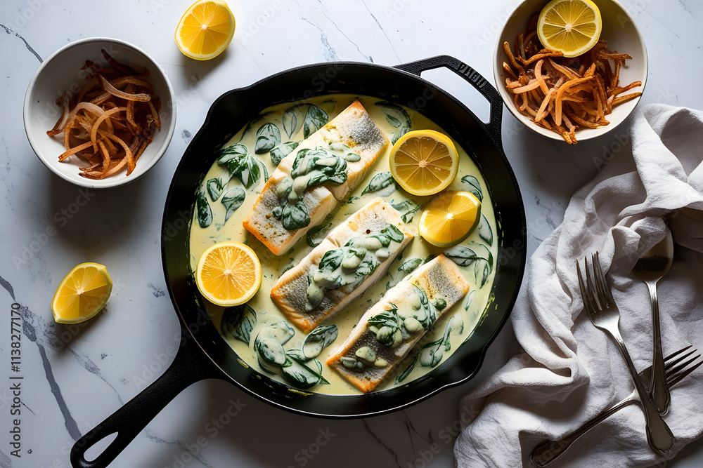 Pan-Seared Fish with Creamy Spinach Sauce, Lemon, and Toasted Bread ...