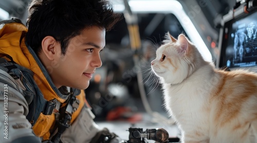 An astronaut shares a moment of deep connection with a fluffy cat in a futuristic spacecraft, portraying companionship in an environment of exploration. photo