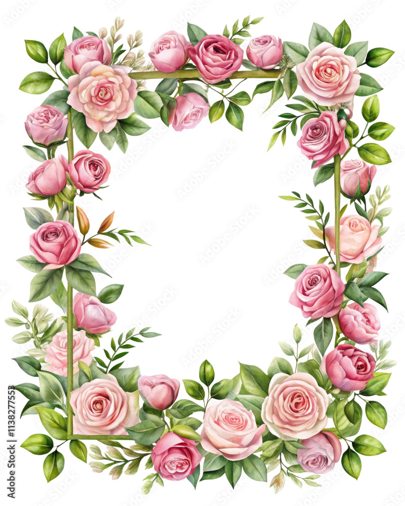 Square Floral Frame Featuring Pink Roses and Green Leaves Square Floral Frame Featuring Pink Roses and Green Leaves
