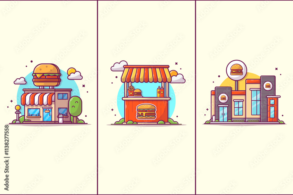 Fototapeta premium 3 Charming Fast Food Building Vector Design Illustrations Pack