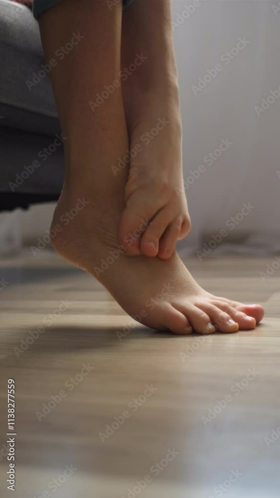 Vertical video of young woman scratch feet, itch foot, problem itchy skin on floor at home, dermatitis from fungus, fungal bacterial infection, allergic reaction, eczema. Foot pain concept Vertical video of young woman scratch feet, itch foot, problem itchy skin on floor at home, dermatitis from fungus, fungal bacterial infection, allergic reaction, eczema. Foot pain concept