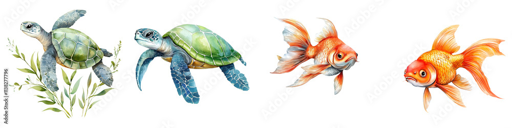 Fototapeta premium cute animal concept. Colorful aquatic animals including turtles and goldfish on Transparent background.
