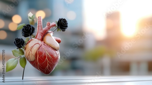 A detailed model of a human heart intertwined with black roses stands against a blurred background, symbolizing love, life, and the balance between beauty and darkness. photo