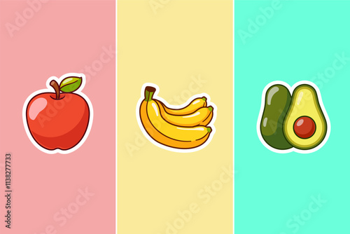 3 Fruit Sticker Apple, Banana and Avocado Cartoon Vector Icon Illustration Food Nature Icon Concept Isolated Premium Vector. Flat Cartoon Style 