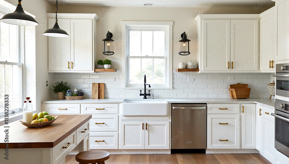 A Scandinavian-inspired kitchen with sleek white cabinets, natural wooden countertops, and matte black fixtures. A geometric tile backsplash in shades of gray adds a subtle contrast. A Scandinavian-inspired kitchen with sleek white cabinets, natural wooden countertops, and matte black fixtures. A geometric tile backsplash in shades of gray adds a subtle contrast.