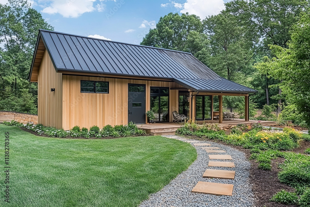 A small modern cabin with shou sugi ban siding and an oil-black metal roof, nestled in the lush green countryside of West Virginia, surrounded by tall trees. A front porch leads to a path. A small modern cabin with shou sugi ban siding and an oil-black metal roof, nestled in the lush green countryside of West Virginia, surrounded by tall trees. A front porch leads to a path.