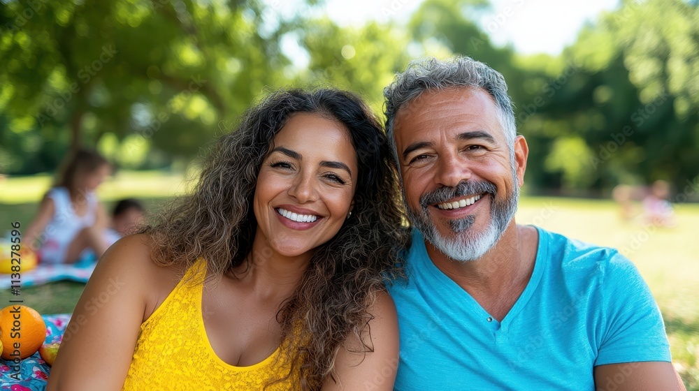 A middle-aged couple smiles contentedly as they enjoy a picnic surrounded by lush greenery, illustrating love, happiness, and simple joys of life in nature.