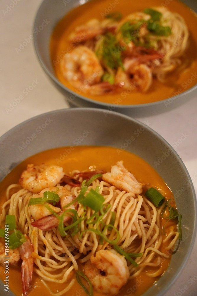 ginger and scallion prawn bisque with yimien noodles ginger and scallion prawn bisque with yimien noodles