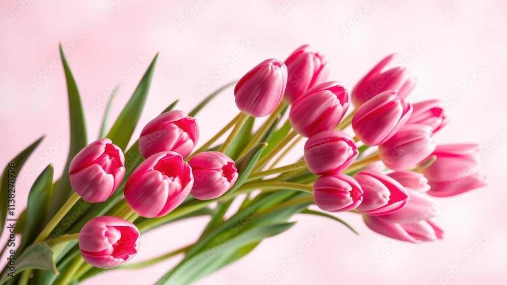 A delicate bouquet of pink tulips arranged in a graceful arc, showcasing the soft, velvety petals and the vibrant green stems. A delicate bouquet of pink tulips arranged in a graceful arc, showcasing the soft, velvety petals and the vibrant green stems.