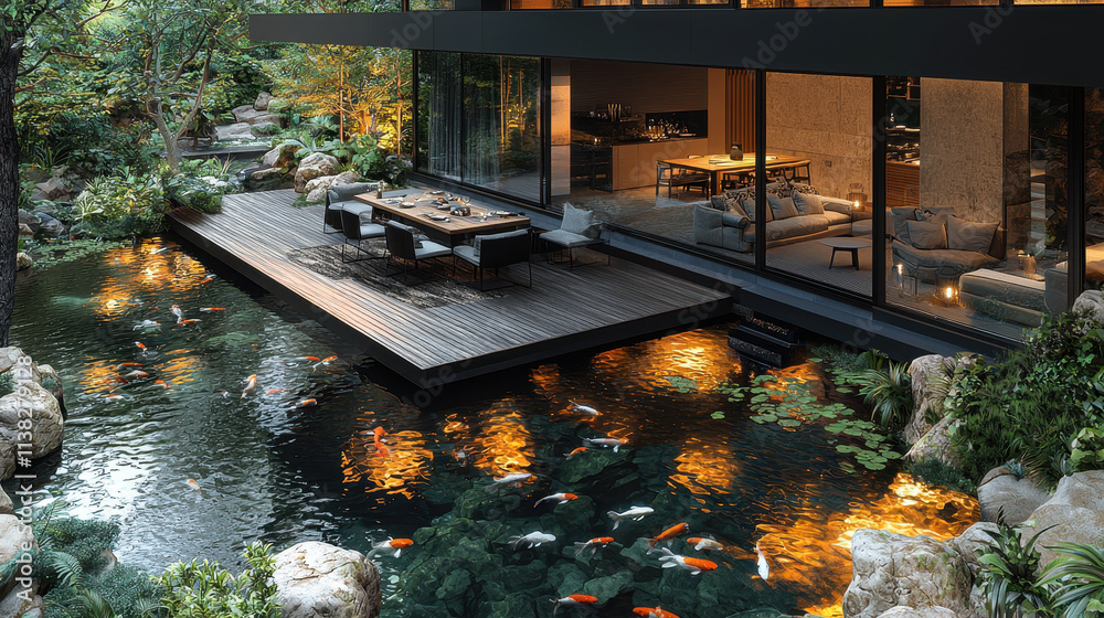 Serene Koi Pond Patio: Modern Zen Design. Luxury home with a stunning outdoor patio featuring a koi pond, integrated seamlessly into the contemporary architecture. Serene Koi Pond Patio: Modern Zen Design. Luxury home with a stunning outdoor patio featuring a koi pond, integrated seamlessly into the contemporary architecture.
