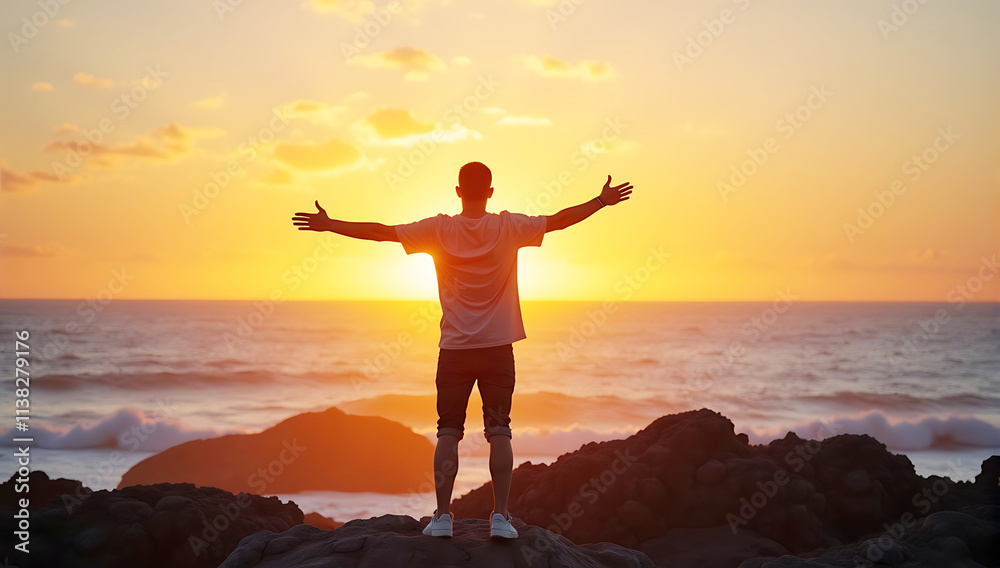 Fototapeta premium A silhouette of a man with outstretched arms standing on a rocky beach at sunrise, facing the vast ocean