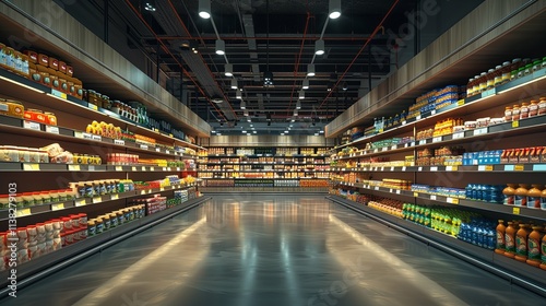 Modern supermarket aisle stocked with diverse packaged food and beverages.