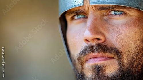 A dynamic profile shot of a knight featuring clear blue eyes under a steel helmet, emblematic of courage and medieval chivalric traditions. photo