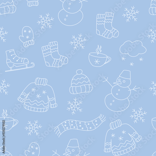 Winter elements seamless pattern with white outline contour doodle drawings on blue background vector texture. Textile fabric print. Gift wrapping paper.Repeating tile. Design template.