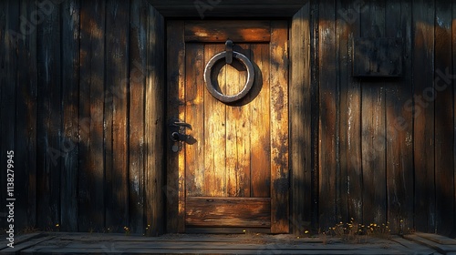 Wallpaper Mural An antique horseshoe above a charming wooden door, its worn metal contrasting beautifully with the rich tones of the wood, bathed in warm sunset light, creating a rustic and cozy mood, hd quality, Torontodigital.ca