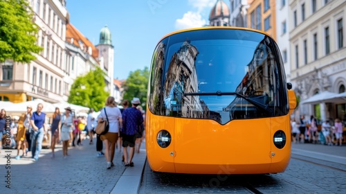 A modern, orange-colored tram travels along a lively city street, surrounded by people walking and historic buildings, capturing the blend of innovation and tradition. photo