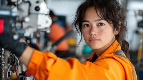 A young female technician clad in an orange uniform is seen working meticulously with machinery, emphasizing technical skills, focus, and the importance of hands-on experience. photo