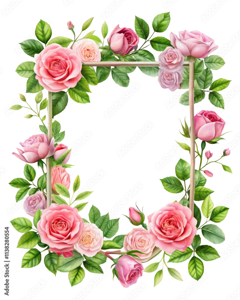 Square Floral Frame Featuring Pink Roses and Green Leaves Square Floral Frame Featuring Pink Roses and Green Leaves