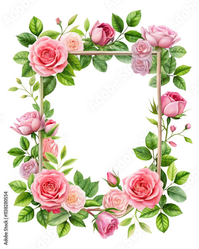 Square Floral Frame Featuring Pink Roses and Green Leaves