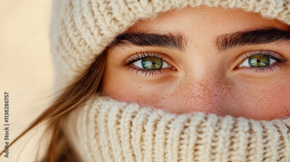 The image shows a close-up of a woman's eyes, with her face partially covered by a knitted hat and scarf, capturing a warm, intimate, and cozy winter vibe. The image shows a close-up of a woman's eyes, with her face partially covered by a knitted hat and scarf, capturing a warm, intimate, and cozy winter vibe.