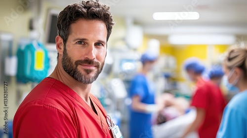 A confident doctor in red scrubs stands in a bustling hospital setting, conveying a sense of professionalism and dedication amid a background of medical activity.