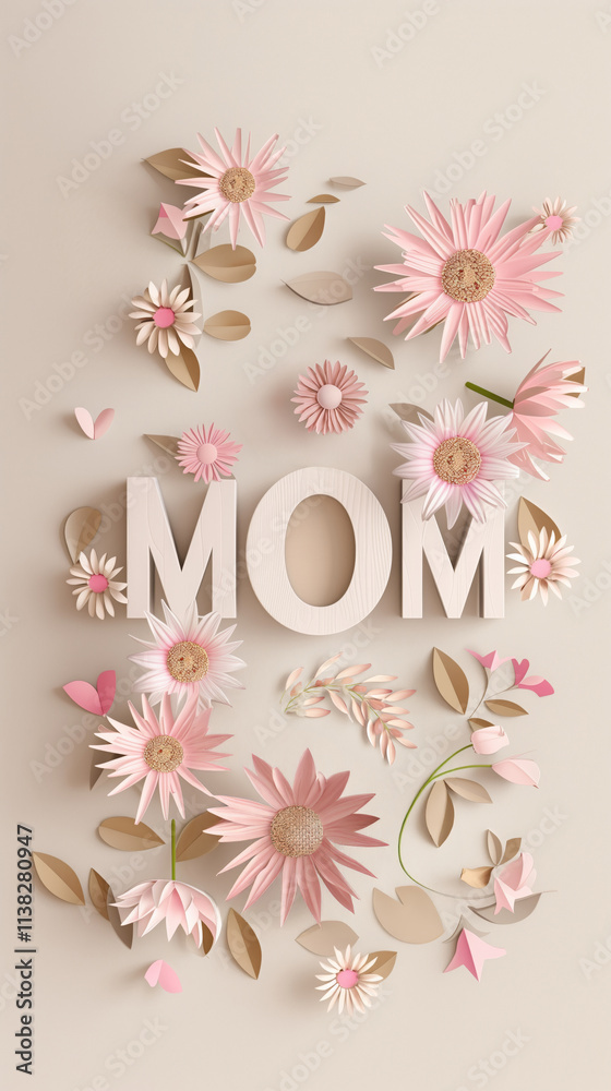 Obraz premium 3D paper text MOM with pink daisies on a light background, celebration of motherhood with flowers