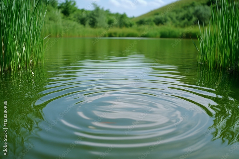 A serene lake scene with small fish visible near the water edge, surrounded by reeds and shimmering ripples A serene lake scene with small fish visible near the water edge, surrounded by reeds and shimmering ripples