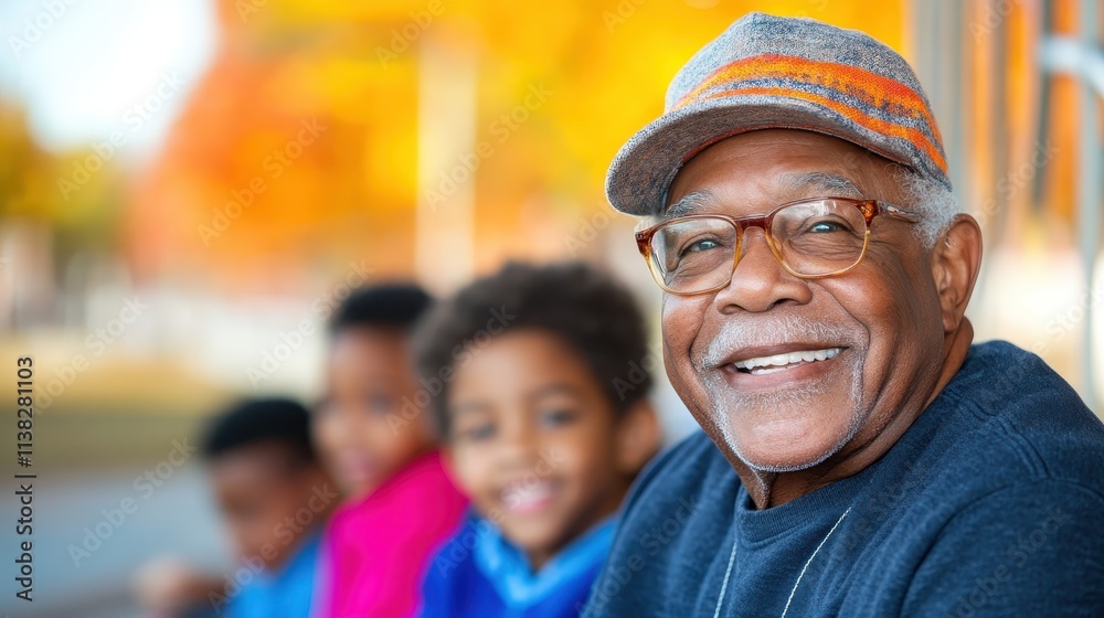 An elderly man smiling warmly in a gray cap, joined by children ina playful moment. They are surrounded by the vibrant colors of autumn, celebrating togetherness. An elderly man smiling warmly in a gray cap, joined by children ina playful moment. They are surrounded by the vibrant colors of autumn, celebrating togetherness.