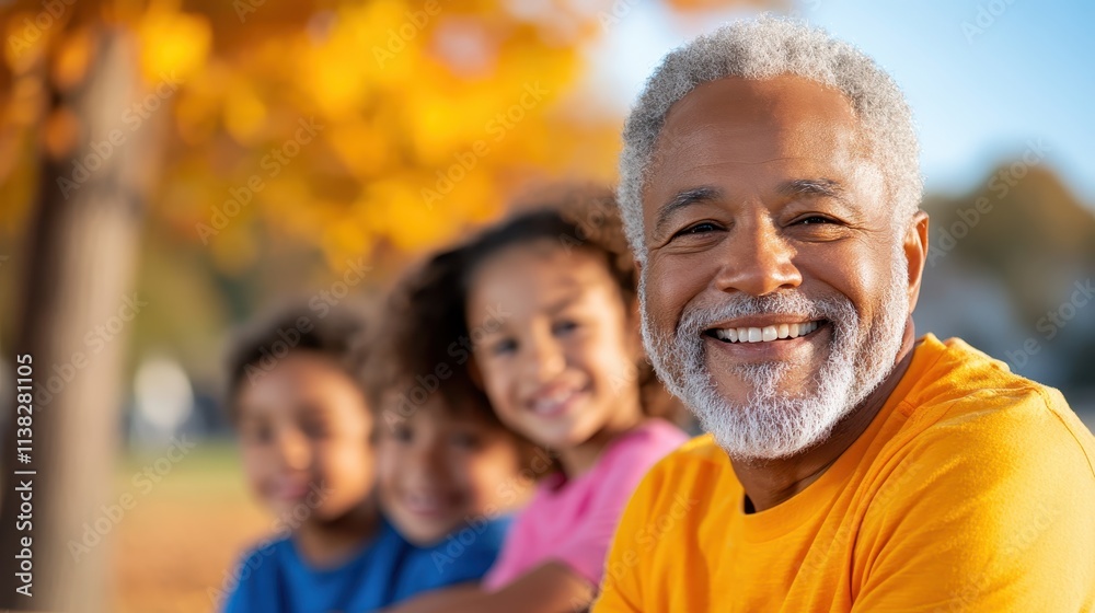 Fototapeta premium A cheerful senior man in an orange t-shirt sitting contently outdoors, surrounded by vibrant autumn trees, with children playfully blurred in the background.