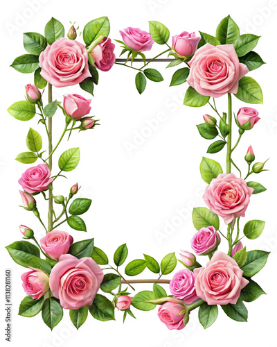 Square Floral Frame Featuring Pink Roses and Green Leaves