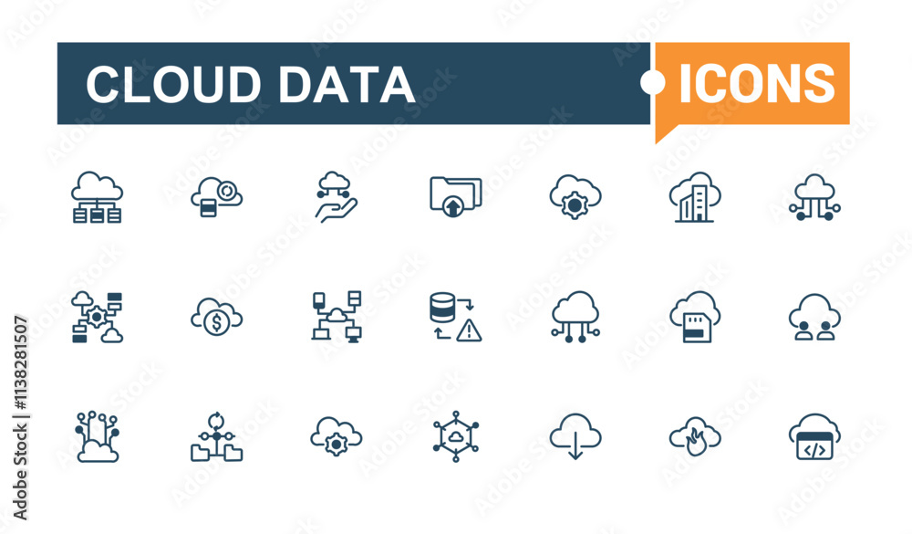 Cloud Data line icons set. Containing sync, Cloud Computing, connect, transfer, mobile, download, file, settings. Thin outline icons pack. Cloud Data line icons set. Containing sync, Cloud Computing, connect, transfer, mobile, download, file, settings. Thin outline icons pack.