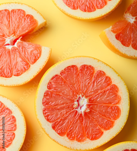 Slices of ripe grapefruit on yellow background. photo