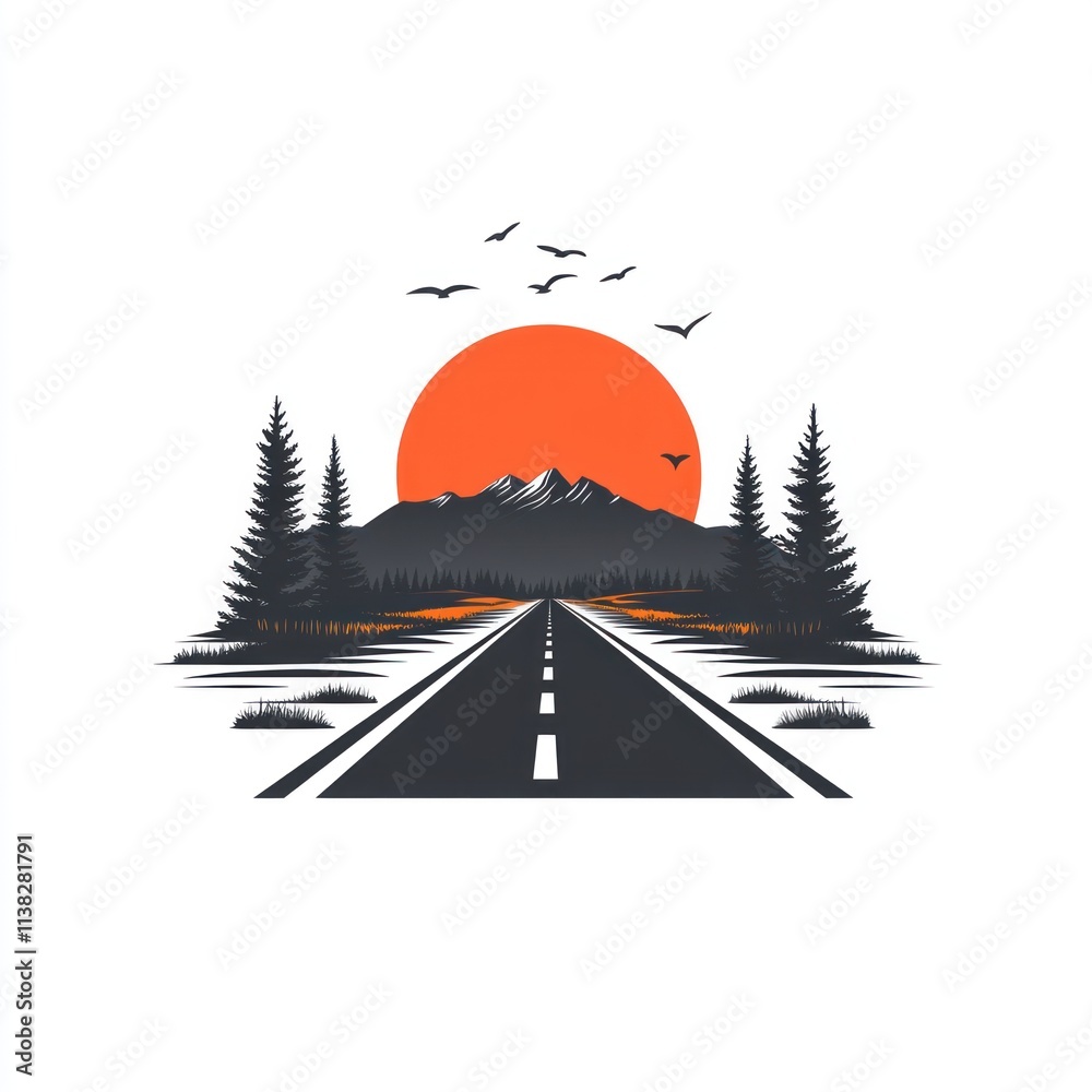 Scenic road trip at sunset with mountains and birds. Scenic road trip at sunset with mountains and birds.