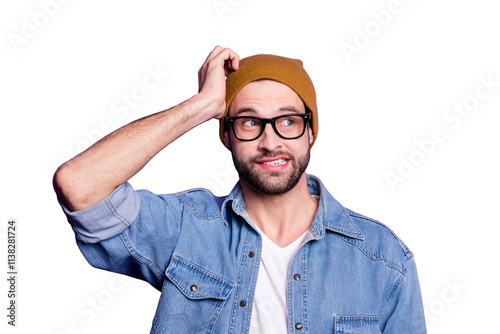 Close-up portrait of his he nice attractive discontent guilty bearded guy isolated over bright vivid shine violet lilac purple background photo